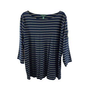 Lauren Ralph Lauren Nautical Gold Stripe Embroidered Patch Pullover Top 2X Navy